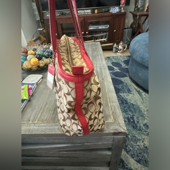 Coach 23465 Signature Canvas Weekend Zip Top Tote Bag Purse Handbag Red Khaki - Picture 5 of 16